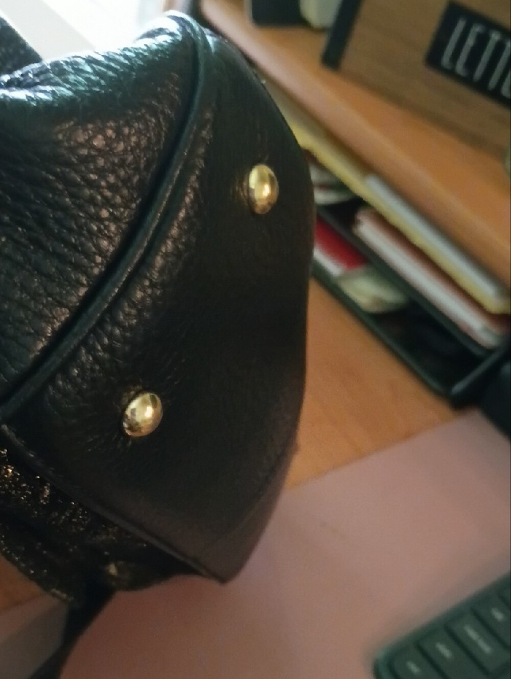 *NEW PRICE*Aimee Kestenberg Black and Gold Metallic Accent Satchel with Wristlet - Picture 6 of 13